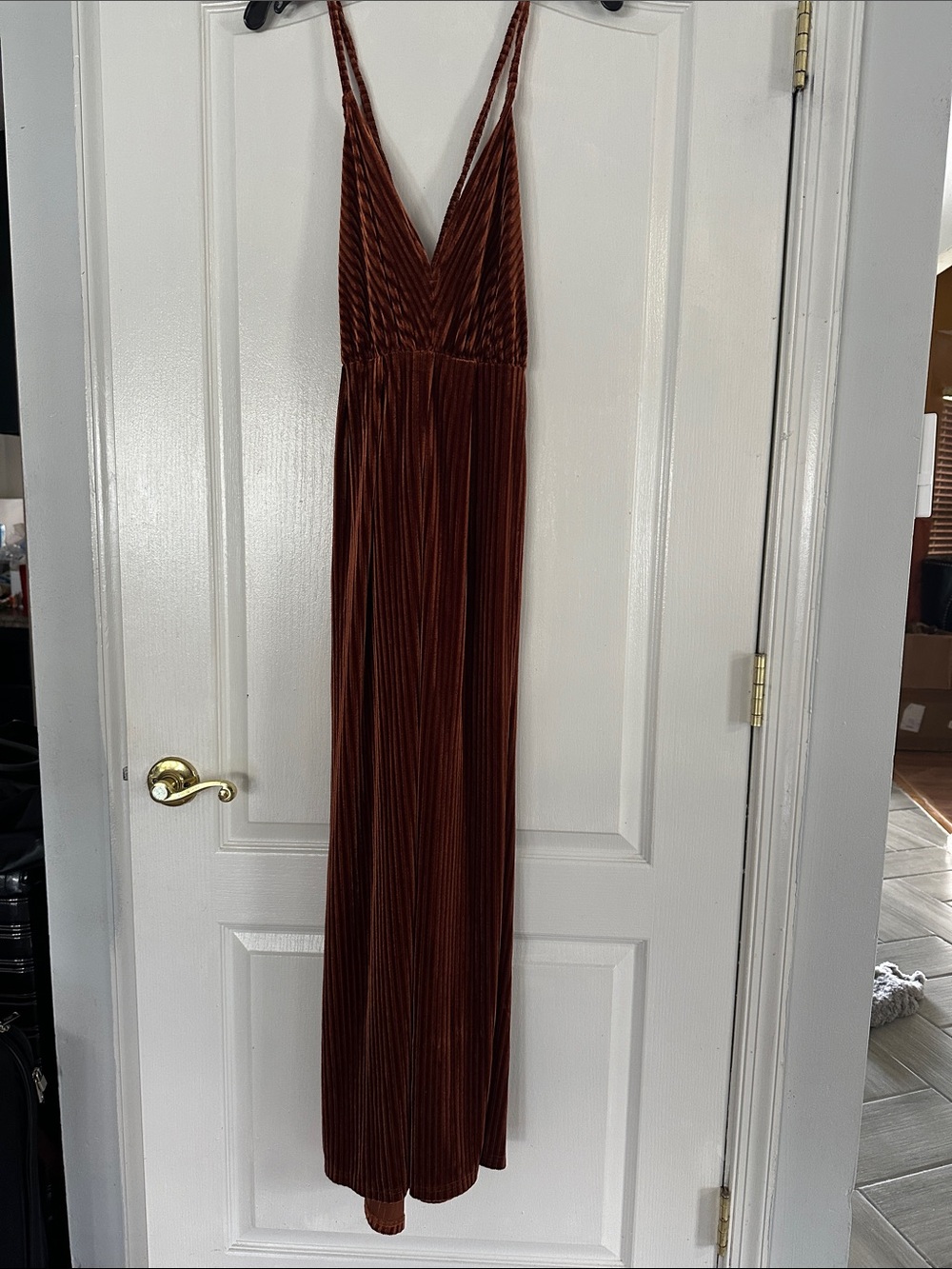 Sleeveless V-Neck Maxi Dress in Rust Brown w/ back out and adjustable back tie